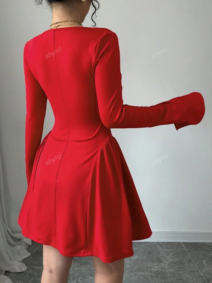 Red Color Chest Pleated Short Dress, Side Design, Pure Desire Style, Outdoor Dressing, Internet F... | SHEIN