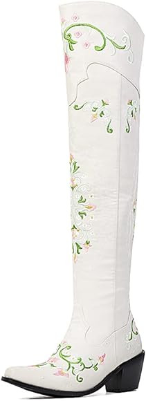 VOMIRA Knee High Boots for Women Pointed Toe Chunky Cork Heel Knight Boots Vintage Embroidery Cowgir | Amazon (US)