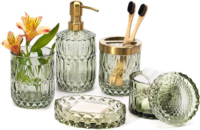 EMPO 6PCS Bathroom Clear Glass Accessories Set (Lotion Soap Dispenser, Soap Dish, Toothbrush Hold... | Amazon (US)
