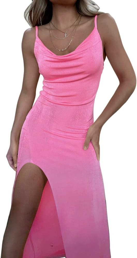 CHYRII Womens Sexy Sparkly Cowl Neck Wedding Guest Dress Sleeveless Split Bodycon Cocktail Party ... | Amazon (US)