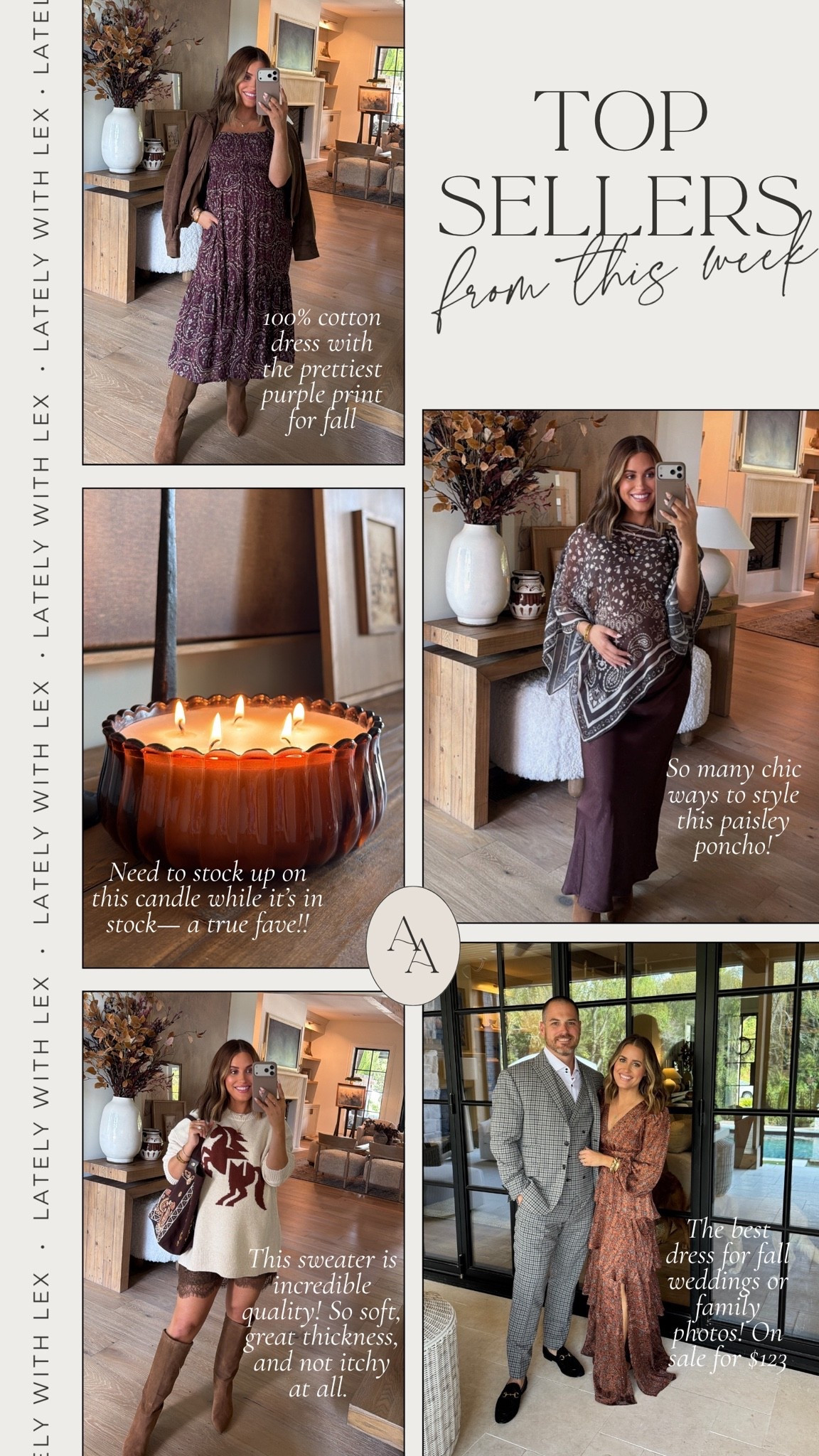 Top sellers for this week! 

1. Fall wedding guest dress from ASTR The Label- currently on sale for $123! Wearing size xs for reference when I wasn’t pregnant :)
2. Anthropologie midi dress; runs tts! 
3. My favorite fall candle from Target! I have the scent smoked apple cider and it smells amazing!! 
4. Western inspired graphic sweater- so many different ways to style it including lace shorts, corduroy pants, satin skirt, denim, etc! Runs oversized! 
5. Printed poncho scarf- love the paisley print of this one & so trendy for fall! Bonus, it’s also going to be nursing friendly 🤪

#LTKSaleAlert #LTKSeasonal #LTKootd