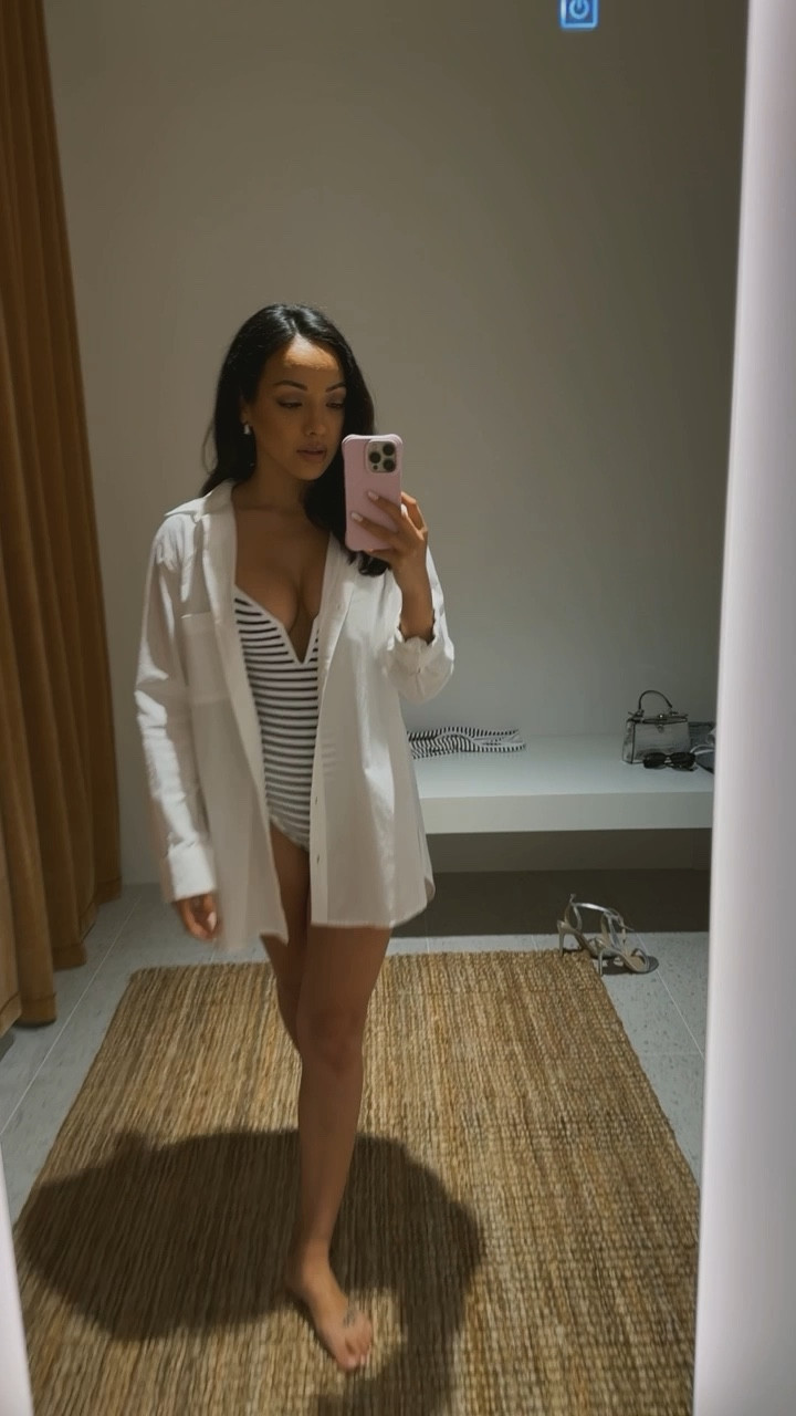 Trying on this striped one piece bathing suit that can double as a bodysuit with a white oversized button down that I’m wearing as a cover up. I love multifunctional fashion!! 👙 all in size extra small. Petite friendly

#LTKStyleTip #LTKSeasonal #LTKSwim