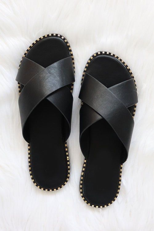 X Cross Band Gold Trim Sandals Slides-Black | Fashion Junkee