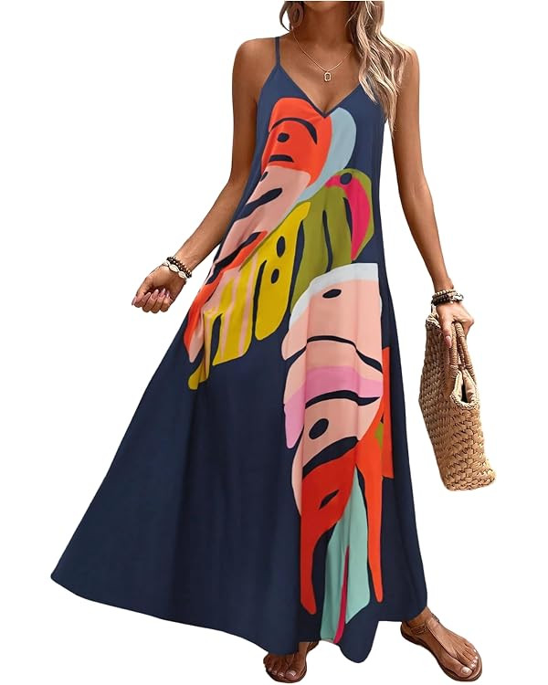 GORGLITTER Women's Sleeveless V Neck Oversized Maxi Long Dress Boho Bump Friendly Graphic Casual ... | Amazon (US)