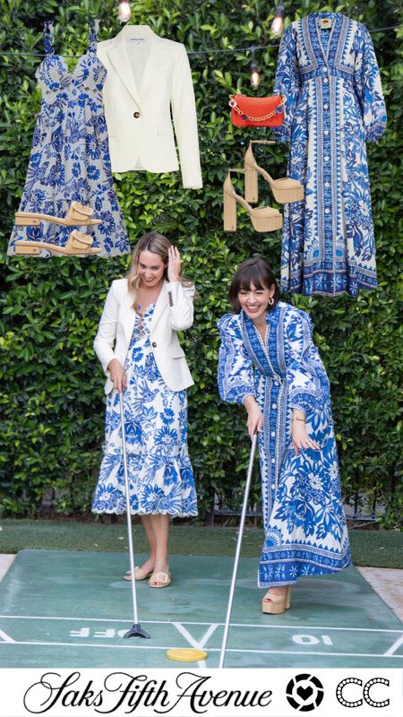 Our blue and white dresses from @Saks go beyond this garden party to all of our spring and summer special occasions.  I'm 5'4" and wear a size 0. I have a xxs on in the long sleeve dress. My sister is 5'9" and wears a size 2. She has on a xs in the tank dress and size 0 in the blazer. #Saks #SaksPartner