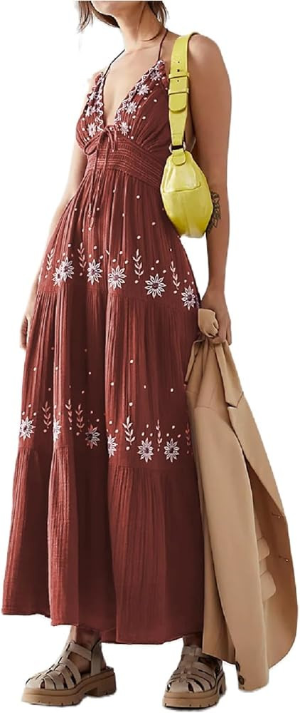 Argeousgor Boho Flowy Maxi Dress for Women Spaghetti Strap Open Back Embroidered Tiered Swing Sum... | Amazon (US)
