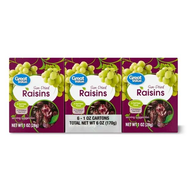 Great Value Sun-Dried Raisins, 1 oz, 6 Count - Walmart.com | Walmart (US)