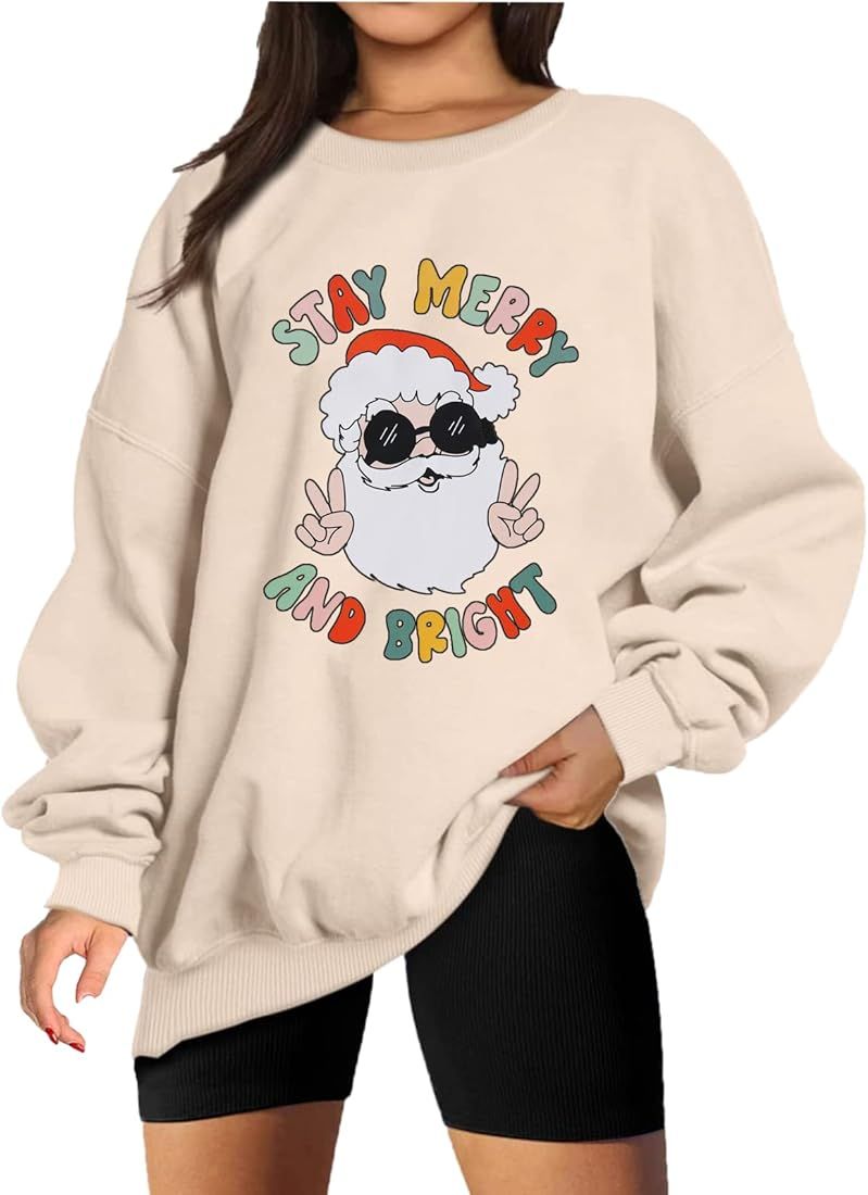 Womens Christmas Sweatshirt Santa Claus Stay Merry And Bright Shirt Long Sleeve Crewneck Vintage ... | Amazon (US)