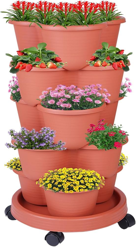 5-Tier Vertical Garden Tower Stackable Planter for Strawberries, Flowers, Vegetables & Herbs(Indo... | Amazon (US)