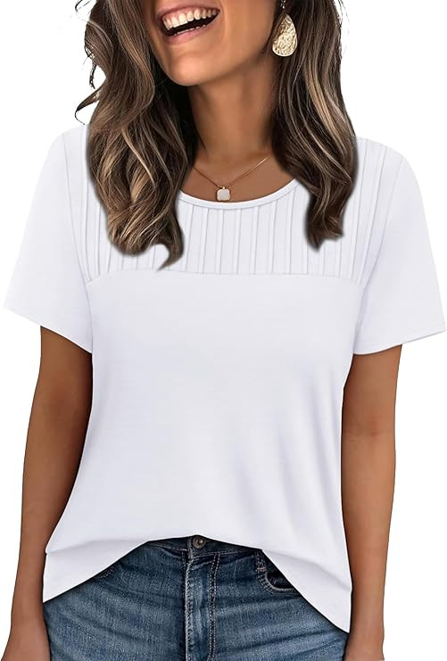 OFEEFAN Womens Shirts Summer Tops Crewneck Short Sleeve Blouses Dressy Casual Spring Fashion Plus... | Amazon (US)