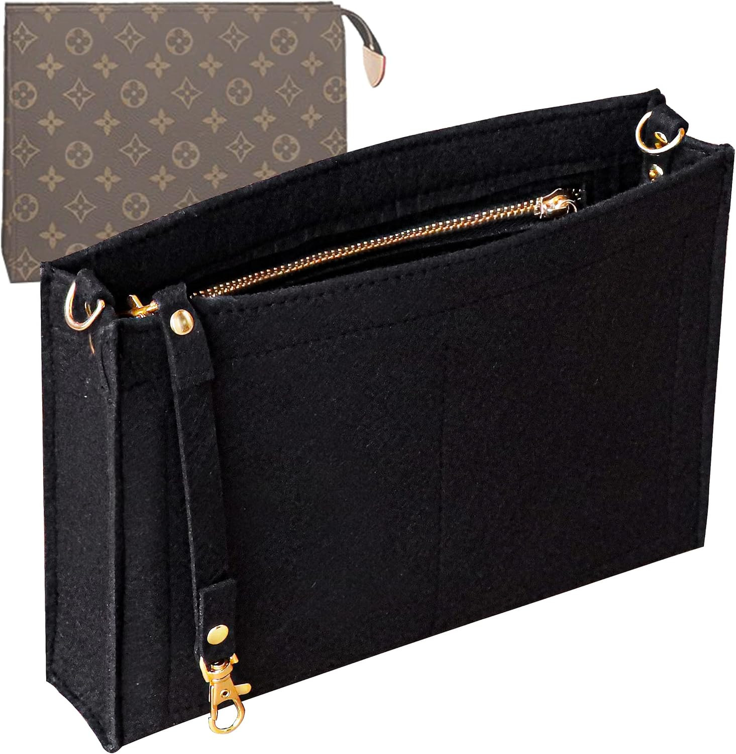 Toiletry Pouch - 26cm Bag Organizer Insert, Felt Purse Organizer Insert for Ladies Tote Handbag Liner with Keychain & Gold Buckle & Zip (Large, Black) | Amazon (US)