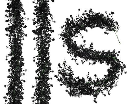 RECUTMS Black Artificial Flowers Black Eucalyptus Garlands Halloween Garland Black Leaf Garland with Flowers Fake Floral Greenery for Halloween Party Decor Home Backdrop Wall Fall Decor(Black) | Amazon (US)