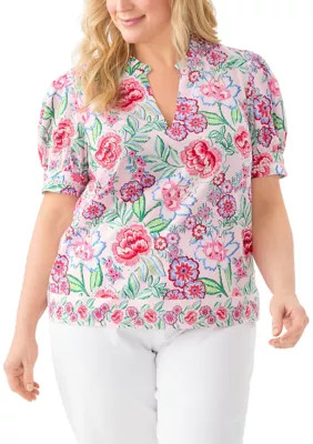 Crown & Ivy Women's Plus Size Short Sleeve Printed Woven Top, Pink, 3XL | Belk