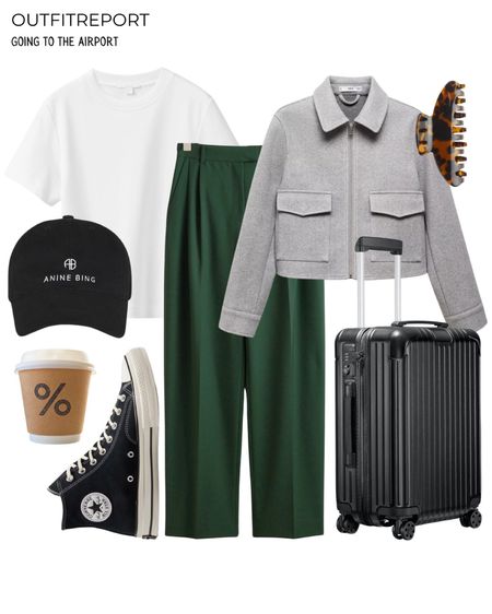 Green trousers grey cropped jacket black converse white tee tshirt airport outfit look

#LTKstyletip #LTKitbag #LTKshoecrush