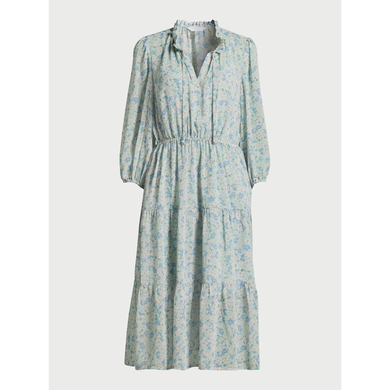 Time and Tru Women's Tiered Midi Dress with Puff Sleeves, Sizes XS-XXXL | Walmart (US)