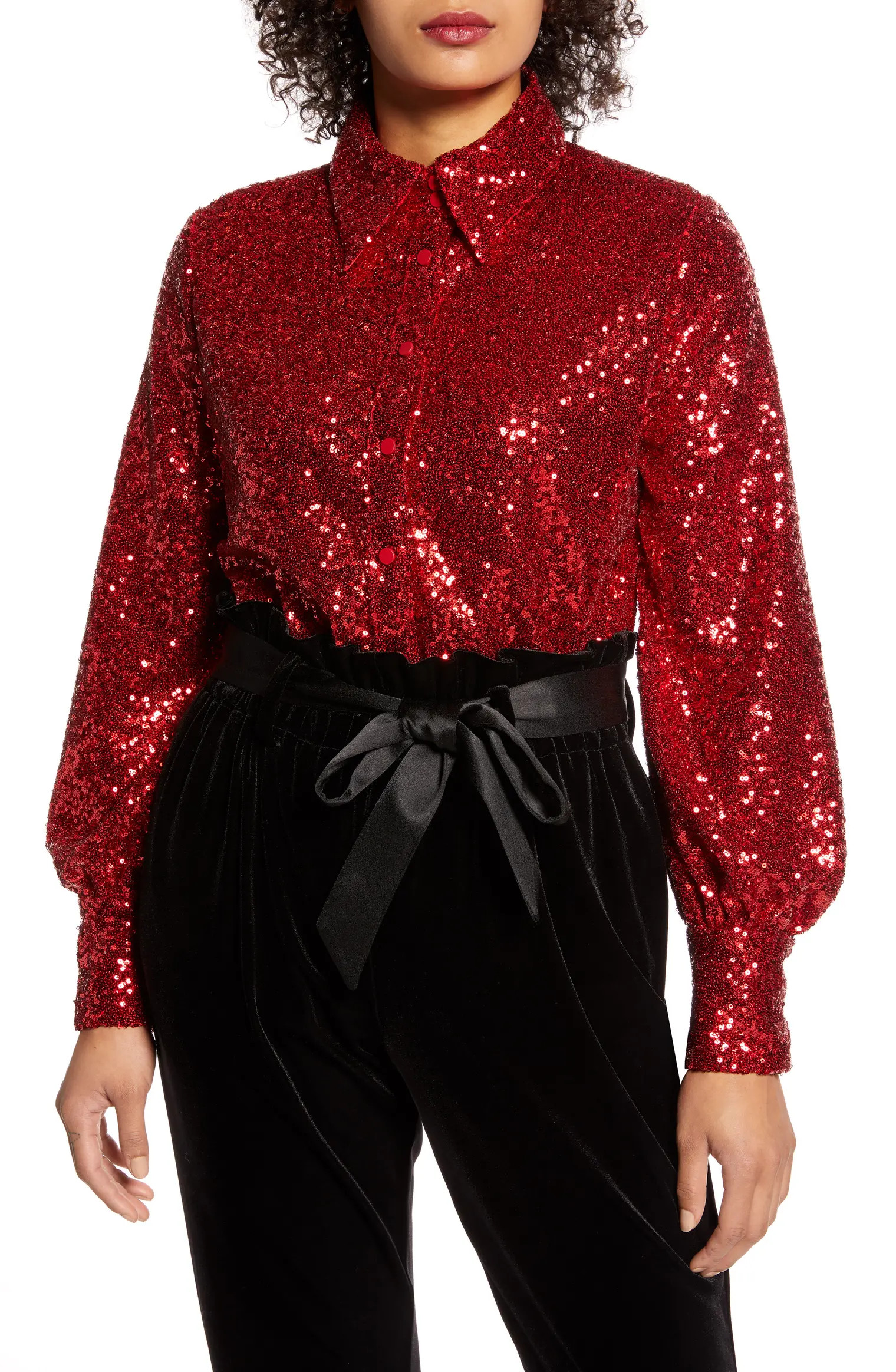 x Atlantic-Pacific Bishop Sleeve Sequin Shirt | Nordstrom