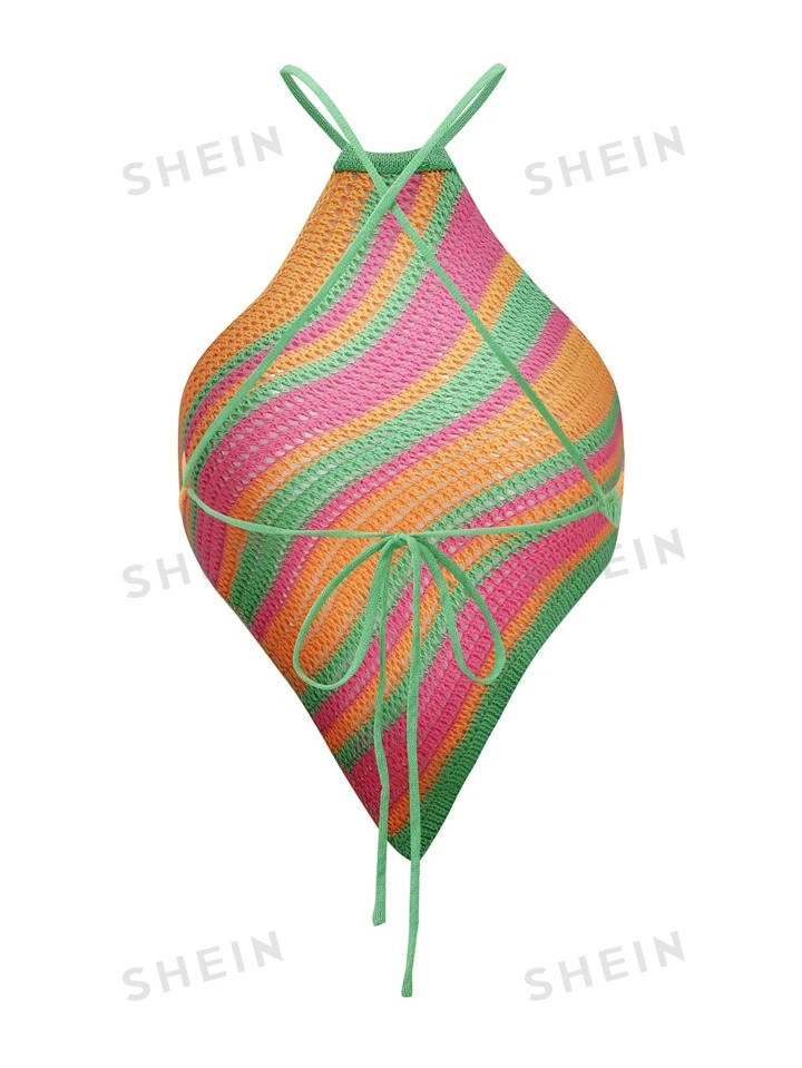 SHEIN EZwear Striped Lace Up Backless Asymmetrical Hem Knit Top | SHEIN USA | SHEIN