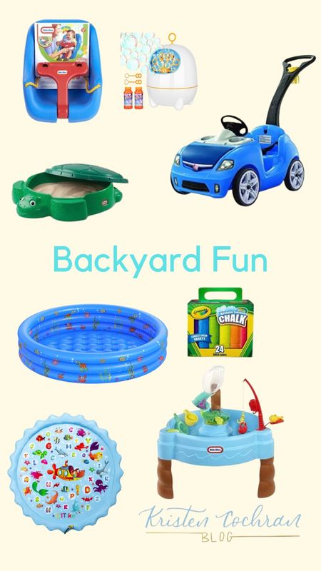 Backyard fun for summer! // pool, splash pad, sandbox, swing, water table, chalk, push car ☀️

#LTKKids #LTKBaby #LTKSeasonal