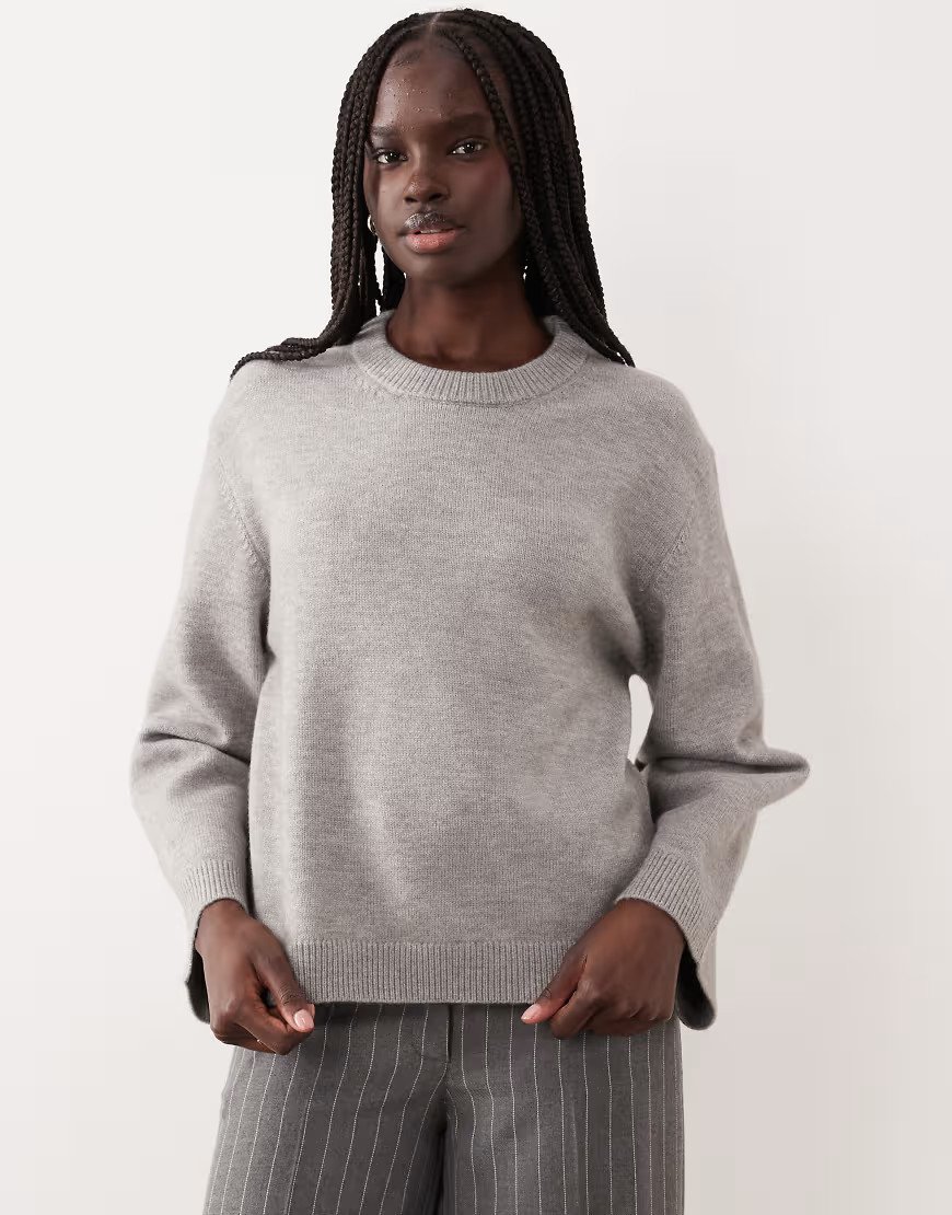 Gina Tricot crew neck knit sweater with wide sleeves in gray melange exclusive to ASOS | ASOS (Global)