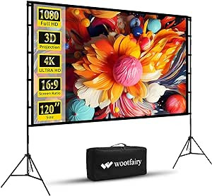 Projector Screen and Stand, Wootfairy 120 inch Foldable and Portable Projection Screen 16:9 4K HD... | Amazon (US)