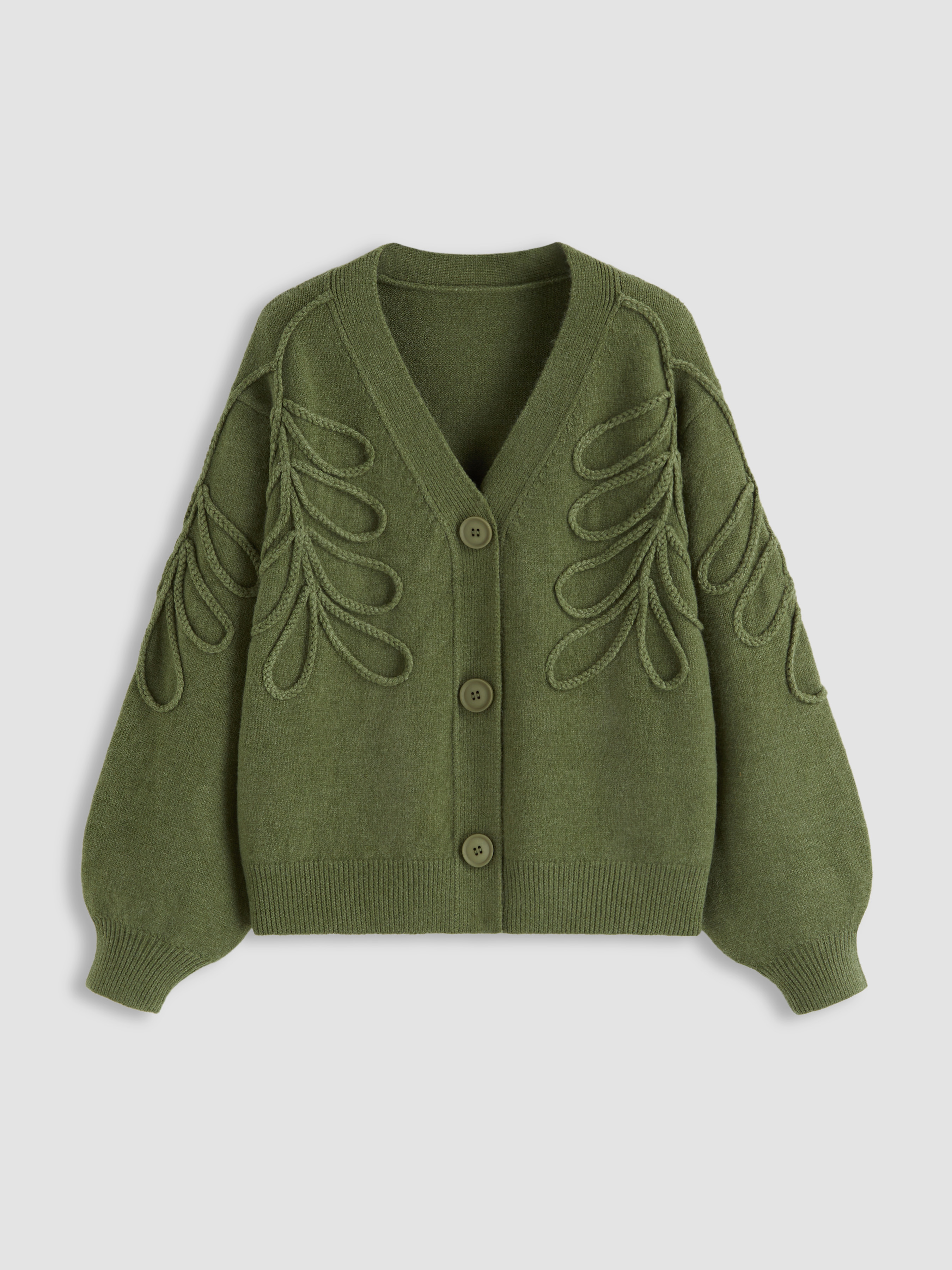 Knit Fabric Knit V-neck Leaf Braid Oversized Cardigan For Daily Casual | Cider