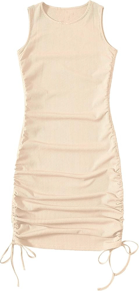SheIn Women's Ruched Sleeveless Mini Bodycon Dress Drawstring Tie Side Round Neck Short Dresses | Amazon (US)