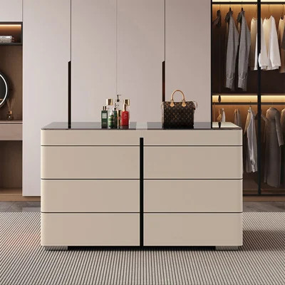 47.24" Rectangular transparent tempered glass countertop, beige saddle leather cabinet surface, jewelry storage cabinet | Wayfair North America