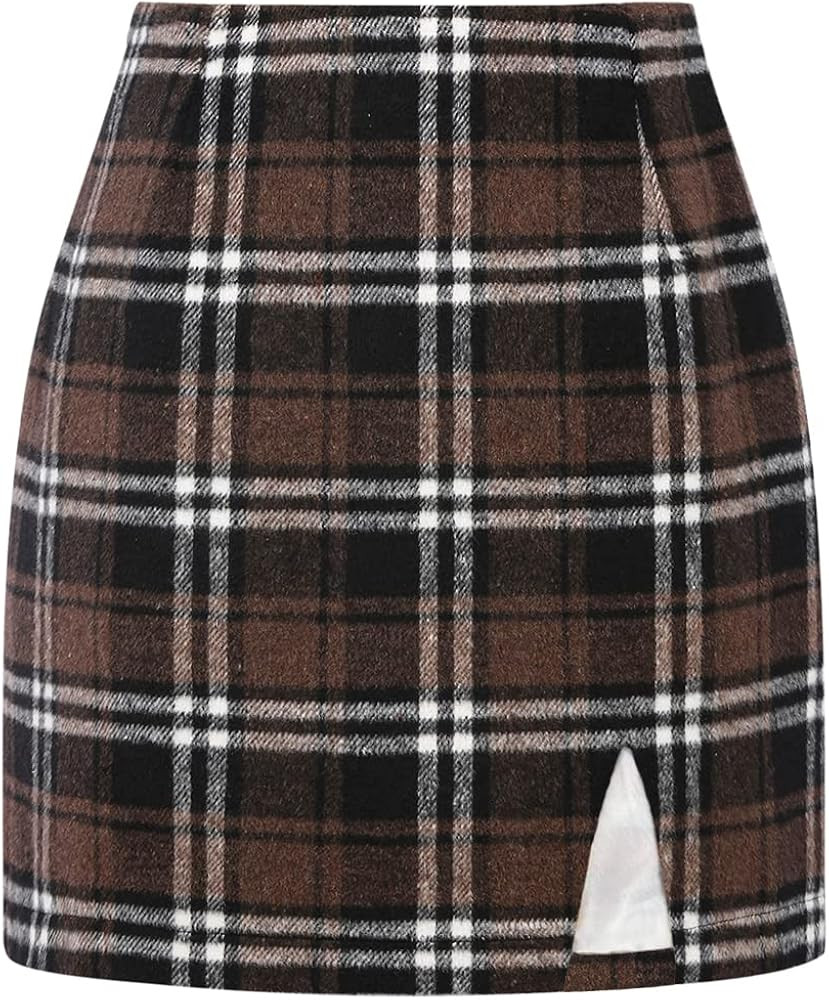 Plaid Mini Skirts for Womens High Waisted Fall Winter Wool Bodycon Pencil Skirts with Slit | Amazon (US)