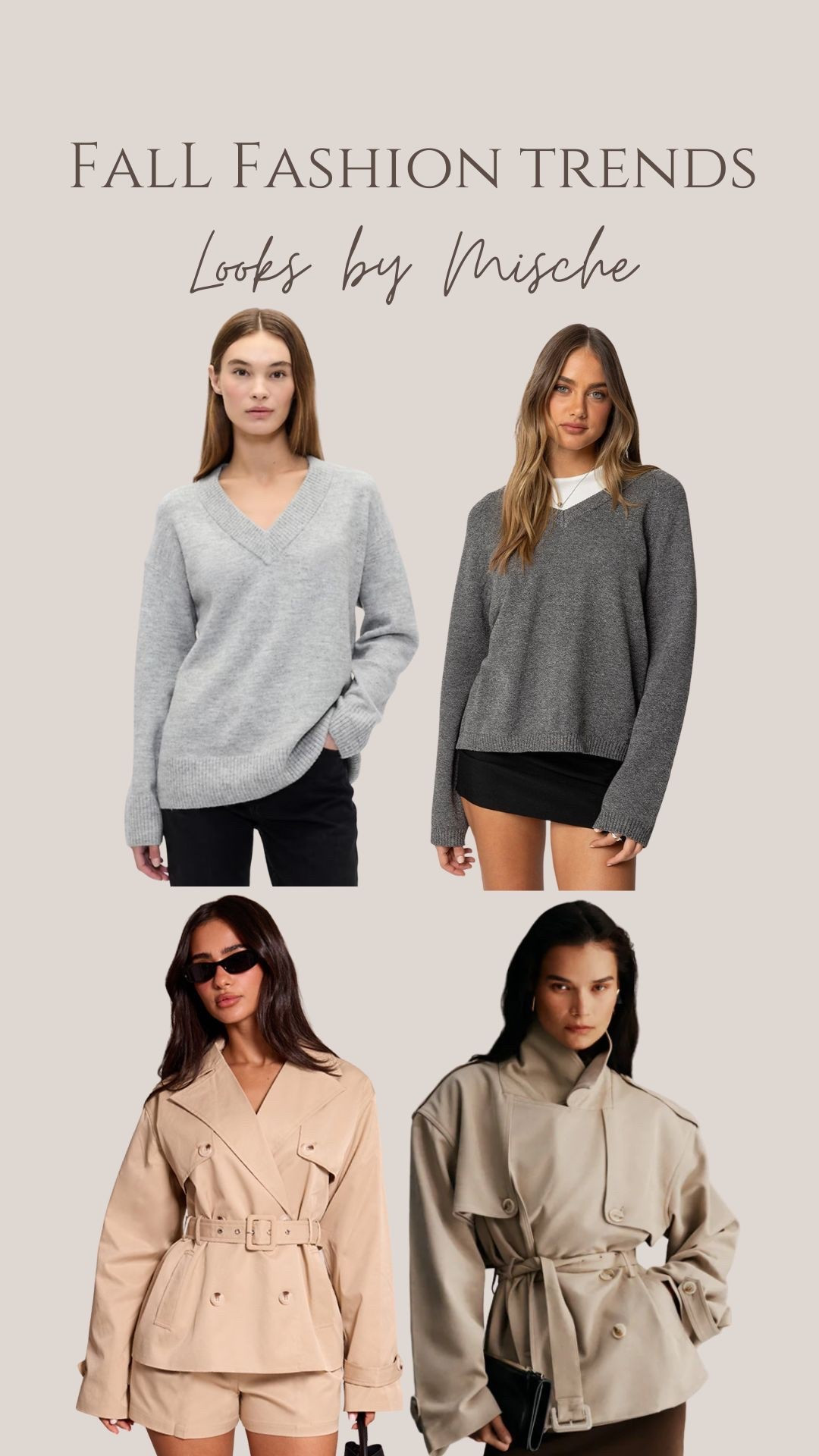 Fall fashion trends of 2025 ✨ pair the grey sweaters with a white t-shirt underneath and pair the cropped trench coats with baggy denim jeans or a black mini skirt and knee high boots 🔥