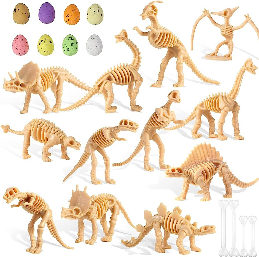 24 Pieces Dinosaur Fossil Skeleton Dino Bones Dino Sand Dig Colorful Foam Dinosaur Eggs and 4 Hal... | Amazon (US)