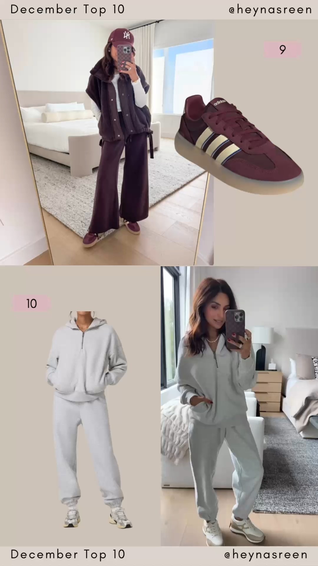 December Top 10:
#9: Adidas sneakers love this color and they are TTS.
#10: Vuori set, so comfortable and I’m wearing an XS in both pieces. 