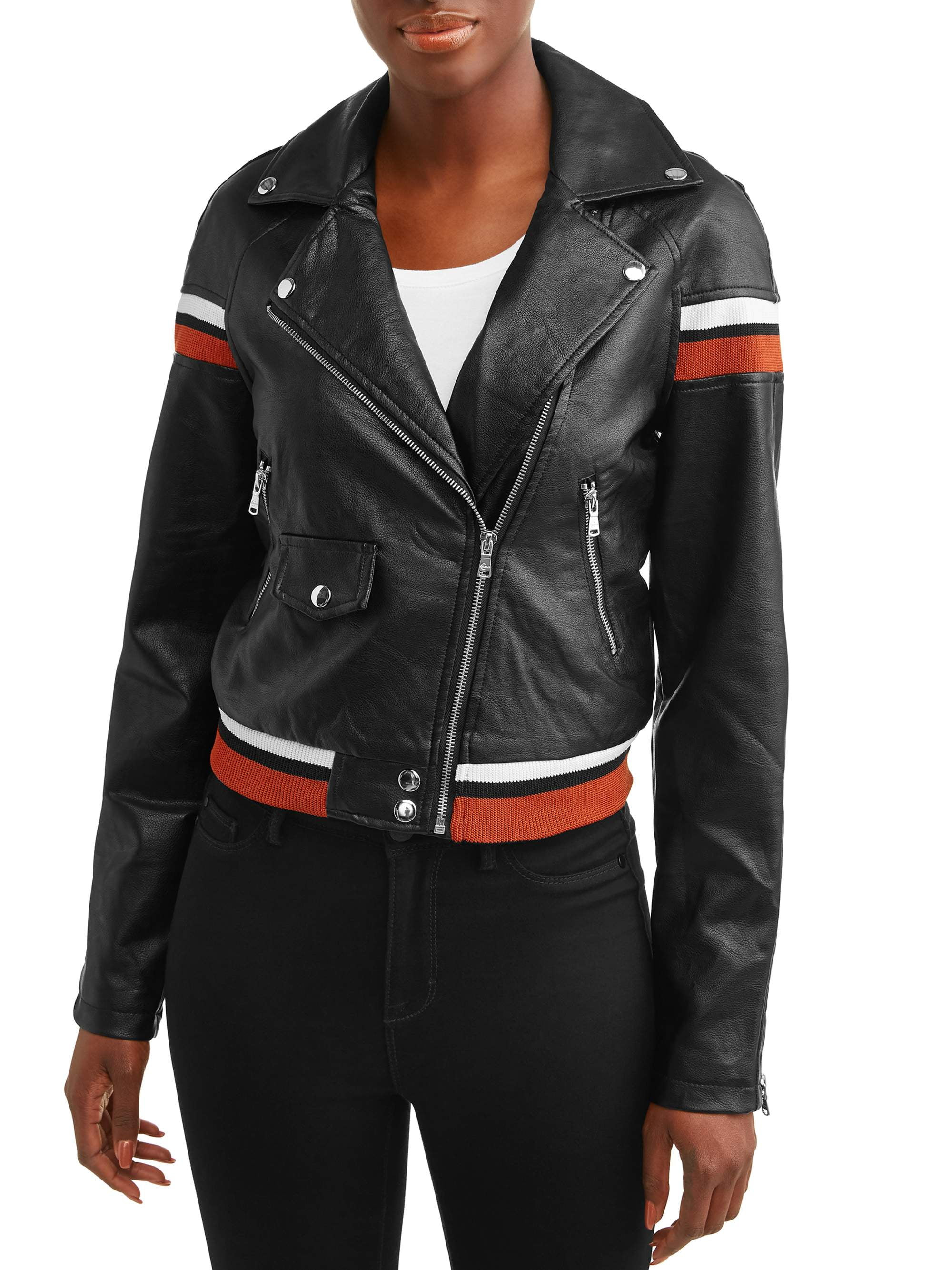 Celsius Women's Faux Leather Jacket with Varsity Stripes | Walmart (US)