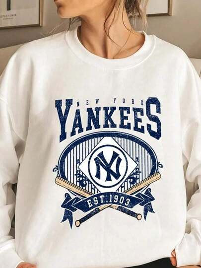 Vintage New York Mets Sweatshirt,Casual Women's Knitted Fabric Long Sleeve Regular Hem Sweatshirt... | SHEIN