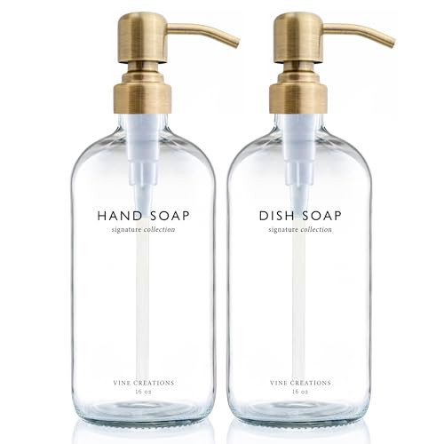 Vine Creations Clear Glass Soap Dispenser Set, Dish Soap and Hand Soap Dispenser Set with Stainless Steel Pump, 16 oz Glass Dispensers for Kitchen Bathroom Decor (Clear Bottle/Brushed Brass Pump) | Amazon (US)
