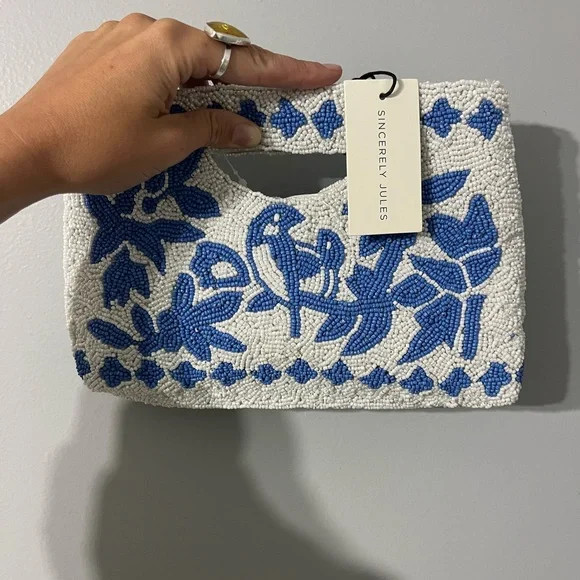 VIRAL SINCERELY JULES Blue and White Beaded Bird and Floral Clutch and NWT | Poshmark