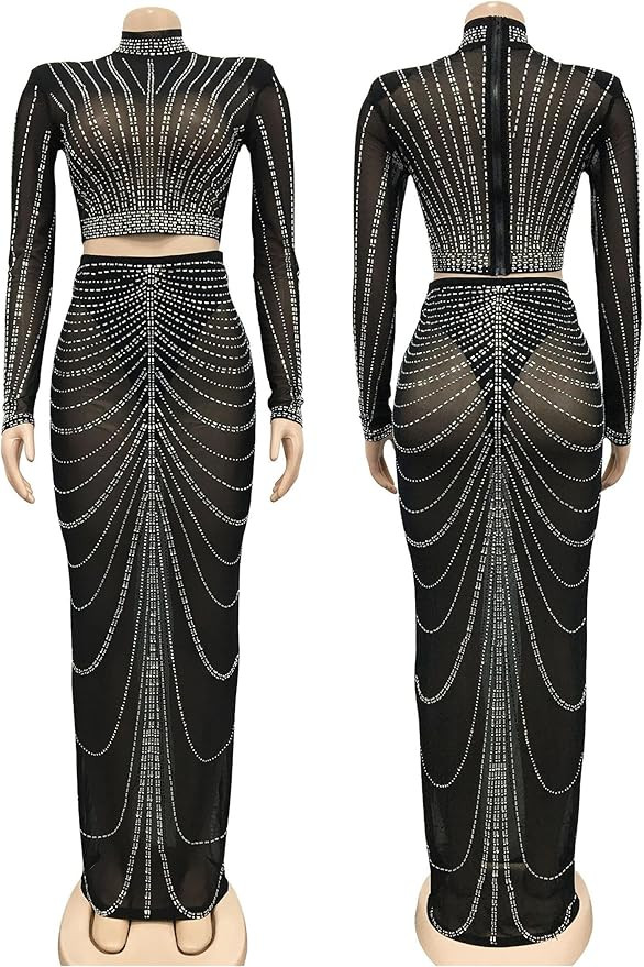 CUTUBLY Sexy Rhinestone Dresses Wrap Hip Sling Mesh Long Dress Evening Cocktail Club Night Outfit | Amazon (US)