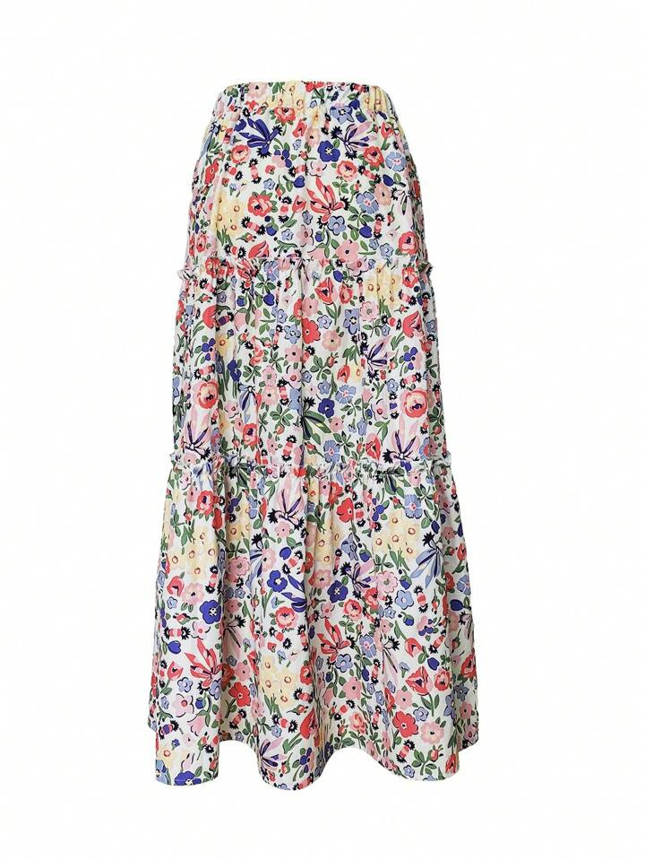 INAWLY Plus Size Floral Print Ruched Layered Pleated Skirt With Pockets (4-Way Stretch) | SHEIN