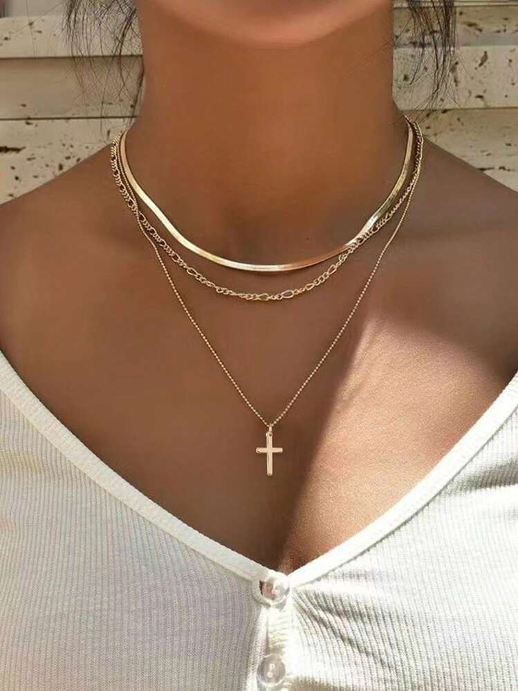 3pcs/Set Gold Stainless Steel Wire Chain, Copper Ball Chain & Cross Charm Multi-Layer Necklace | SHEIN