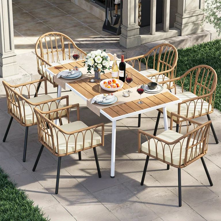Dextrus 7 Pieces Outdoor Patio Dining Table Set, 6 Rattan Wicker Dining Chair and Rectangular Din... | Walmart (US)