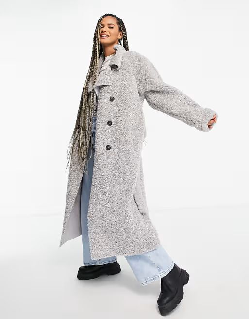 ASOS DESIGN bonded shearling trench coat in gray | ASOS (Global)