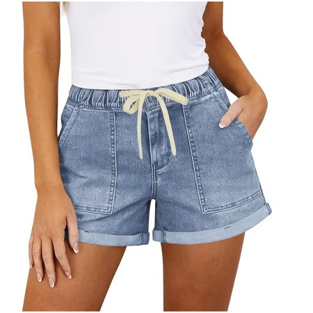 BLVB Women's Casual Fashion Denim Shorts Elastic High Waisted Short Jeans Stretchy Drawstring Pull on Jeans with Pockets | Walmart (US)
