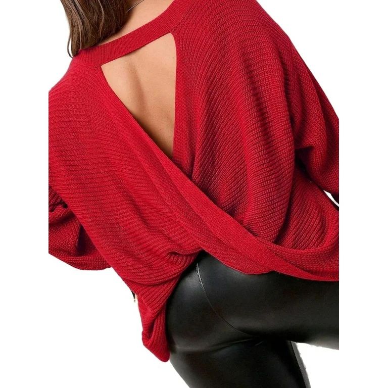 Women's Casual Plain V neck Pullovers Long Sleeve Red Plus Size Sweaters (Women's Plus) - Walmart... | Walmart (US)