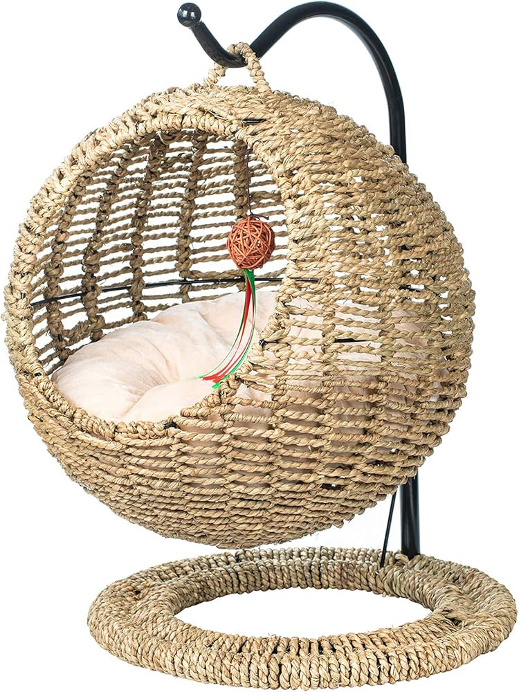 Hand Made Wicker Cat Bed Basket Swinging Pet House Nest for Small Dog Cat with Cushion | Amazon (US)