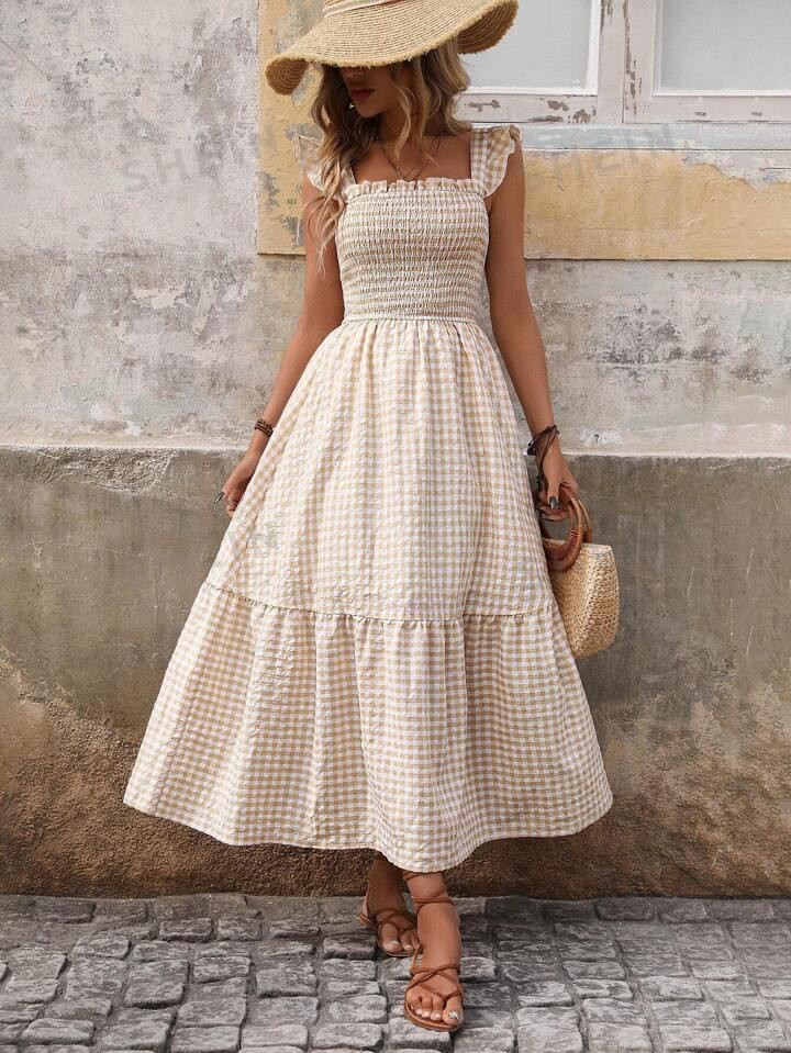 SHEIN VCAY Women's Plaid Short Flying Sleeve Dress | SHEIN USA | SHEIN