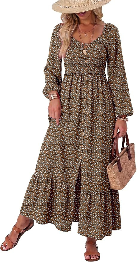 Dokotoo Womens Dresses Boho Floral Smocked Empire Waist Square Neck Long Sleeve Button Maxi Dress... | Amazon (US)