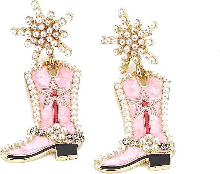Western Cowgirl Beaded Cowboy Boot Drop Dangle Earrings Handmade Crystal Bead Snowflower Boot Earrin | Amazon (US)