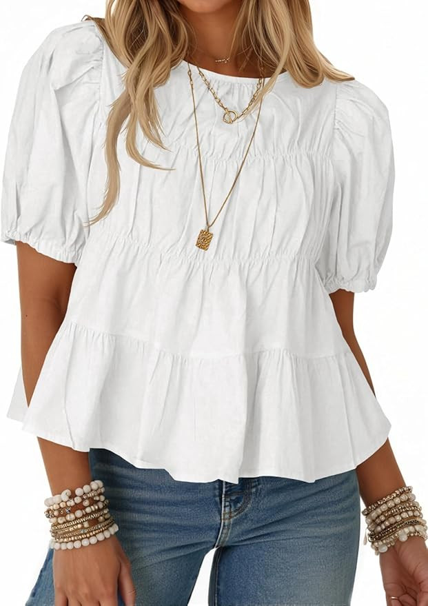 Tankaneo Womens Puff Sleeve Peplum Babydoll Tops Summer Smoked Pleated Cotton T-Shirts Casual Loo... | Amazon (US)