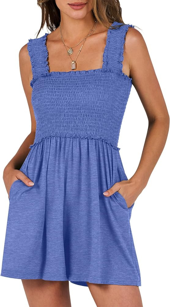 Caracilia Women's Summer Casual Smocked Rompers Square Neck Sleeveless Loose Shorts Jumpsuit 2026... | Amazon (US)