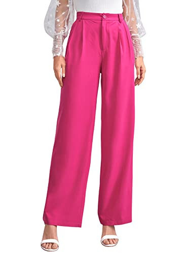 SweatyRocks Women's Casual Wide Leg High Waisted Button Down Straight Long Trousers Pants Hot Pink XS | Amazon (US)