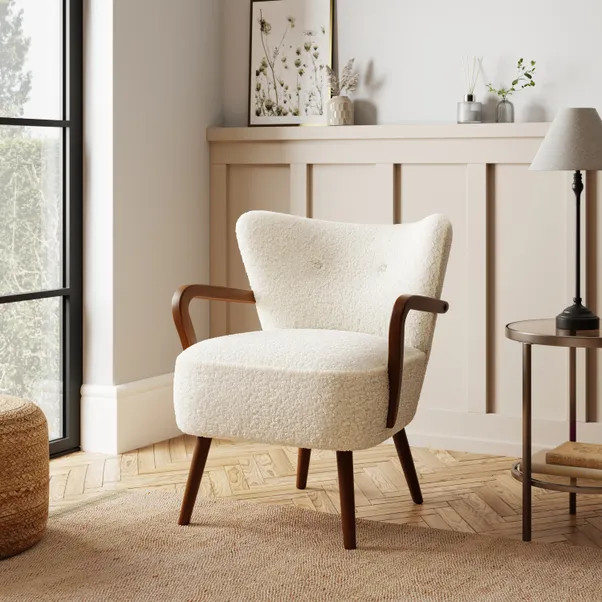 Eliza Ivory Borg Wooden Arm Cocktail Chair | Dunelm